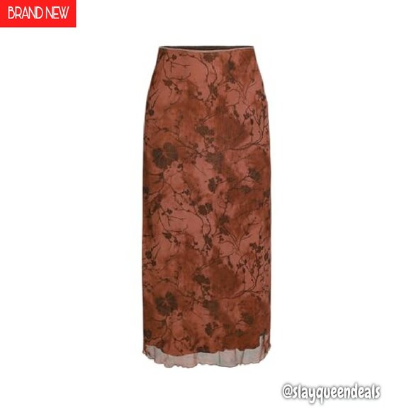 High Waist Mesh Midi Skirt Floral Design Stretchy Polyester Spandex - Picture 2 of 7